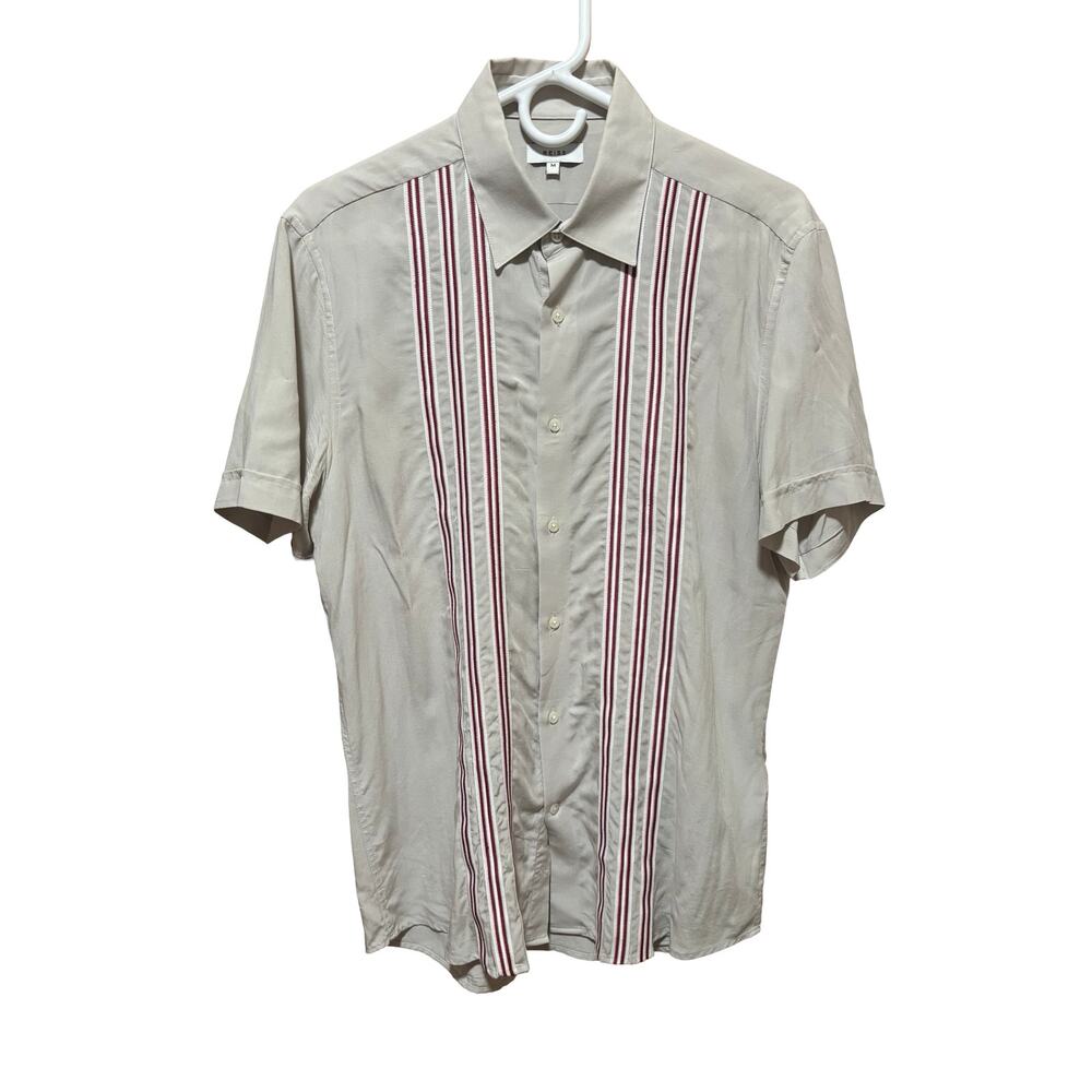 Reiss Men’s Short Sleeve Button Shirt Beige Stripe 100% Viscose Size M